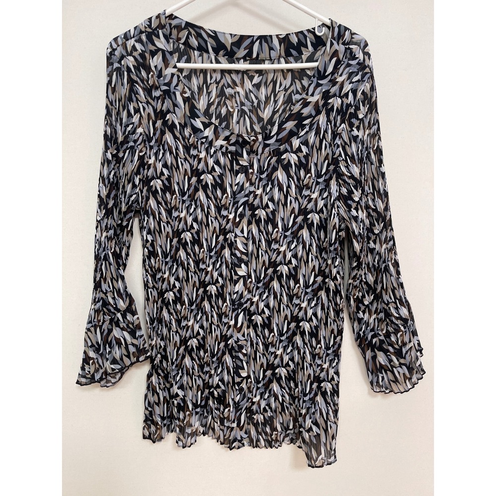 Womens Plisse Crinkle Button Front Blouse Leaf Print Bell Sleeve Top Multi Color